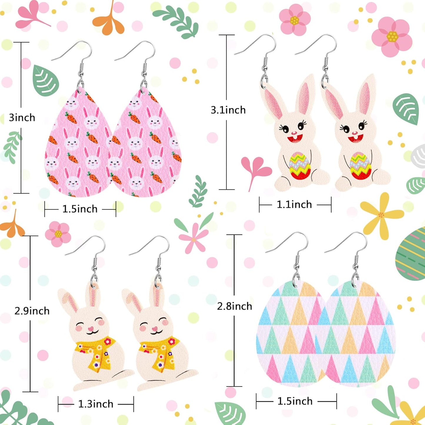Easter Faux Leather Earrings - 9 Pairs Lightweight Dangle Teardrop