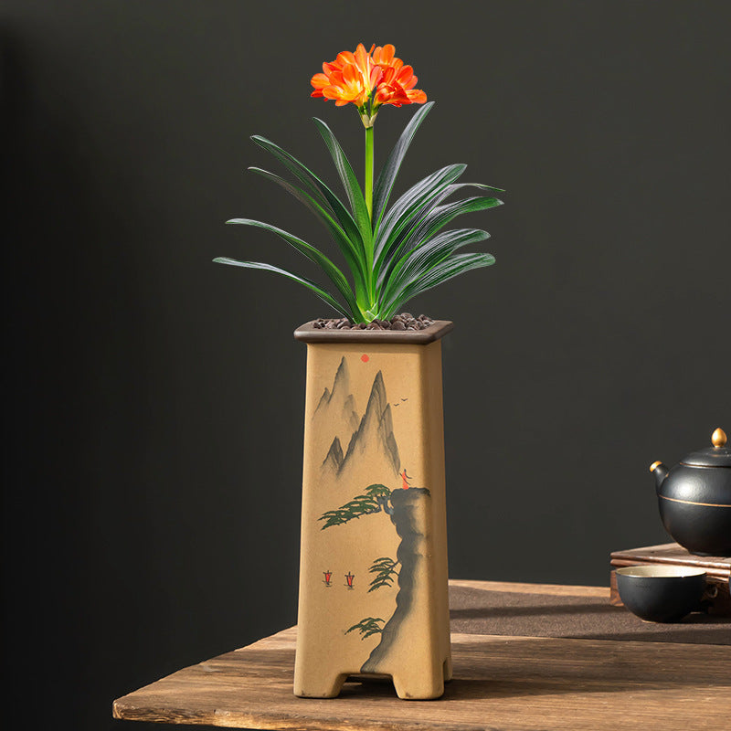 Retro Ceramic Bonsai Plant Pot with Support for Indoor Decor - Medium
