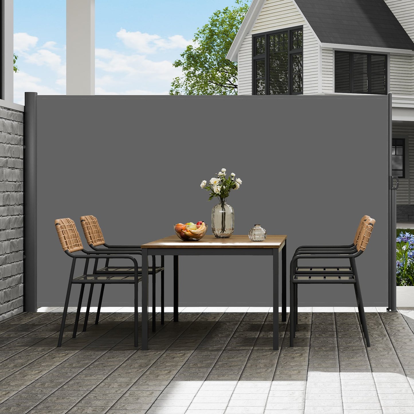 Retractable Outdoor Privacy Screen 63x118in Aluminum Wind & Rain Blocker Gray