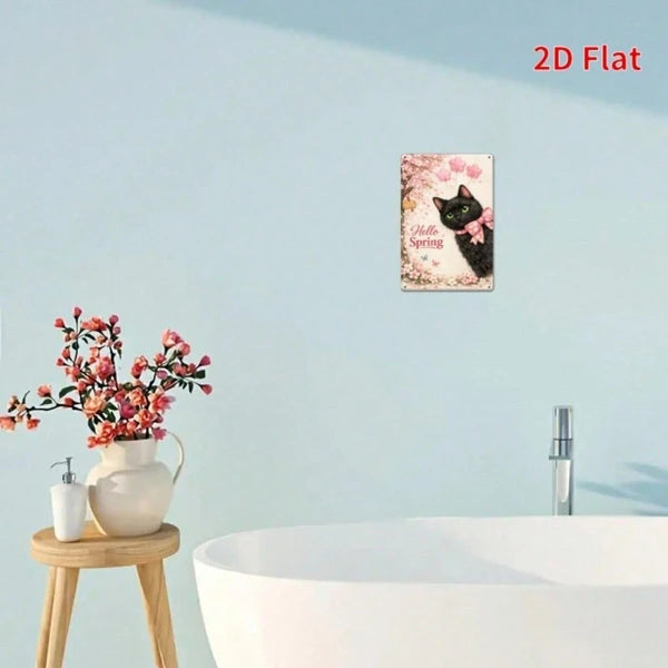 Cherry Blossom Black Cat Metal Wall Art Plaque - 20cm