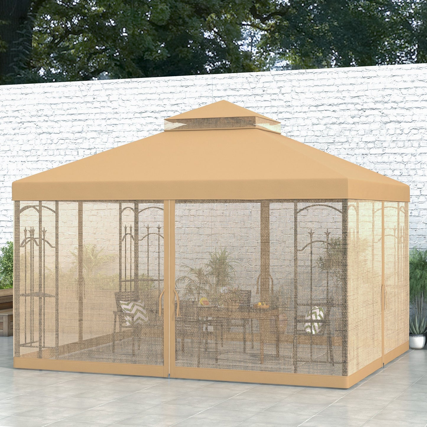 10x12 Outdoor Gazebo with Double Roof & Corner Shelves - Brown