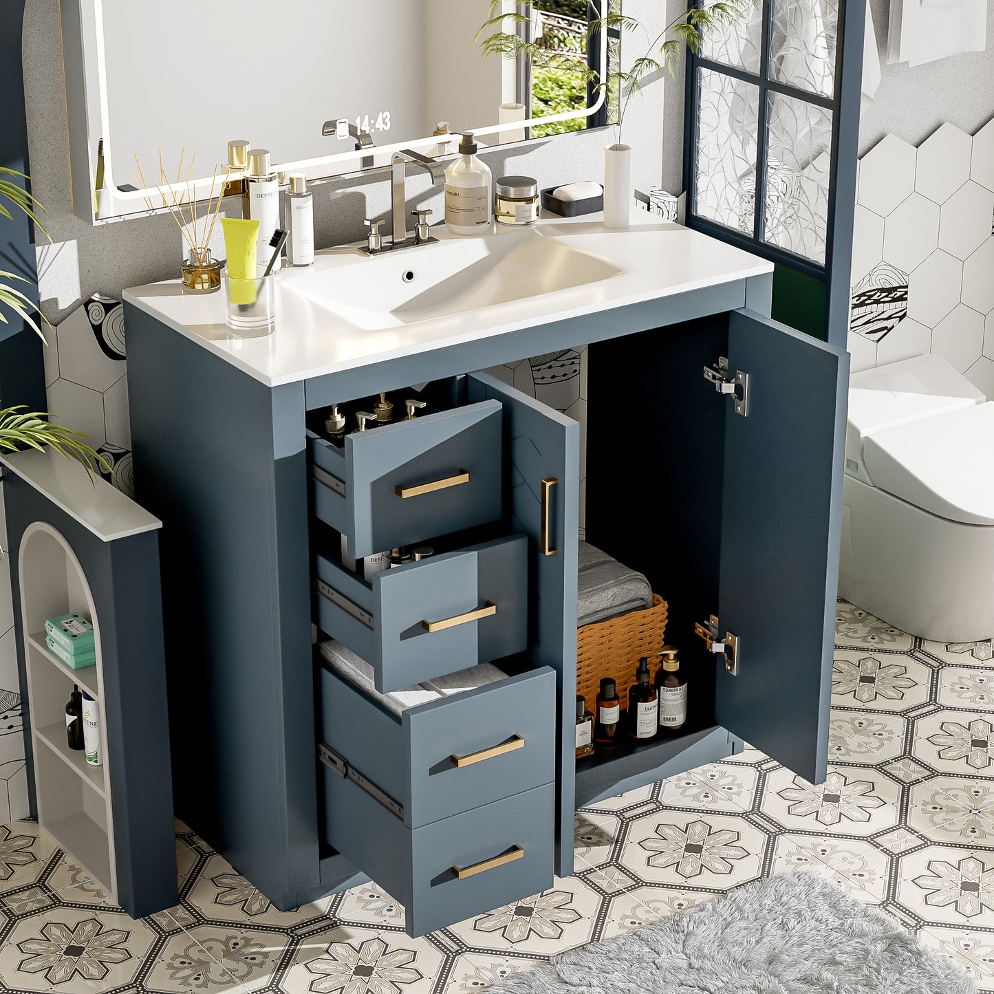 36-Inch Blue Bathroom Vanity with Ceramic Sink & Storage Cabinet