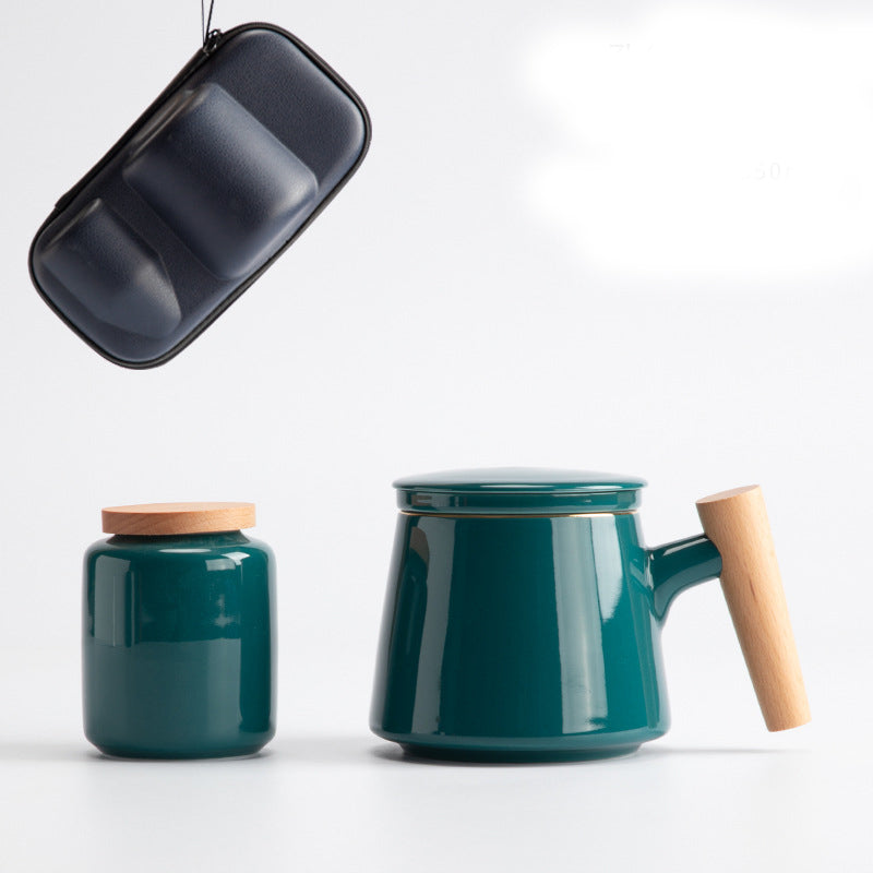 Ceramic Office Cup with Wooden Handle - Multiple Styles & Travel Bag
