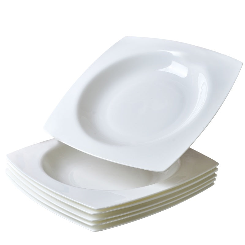 9.5-Inch Square Soup Plate Set - 6 Pieces of White Bone China