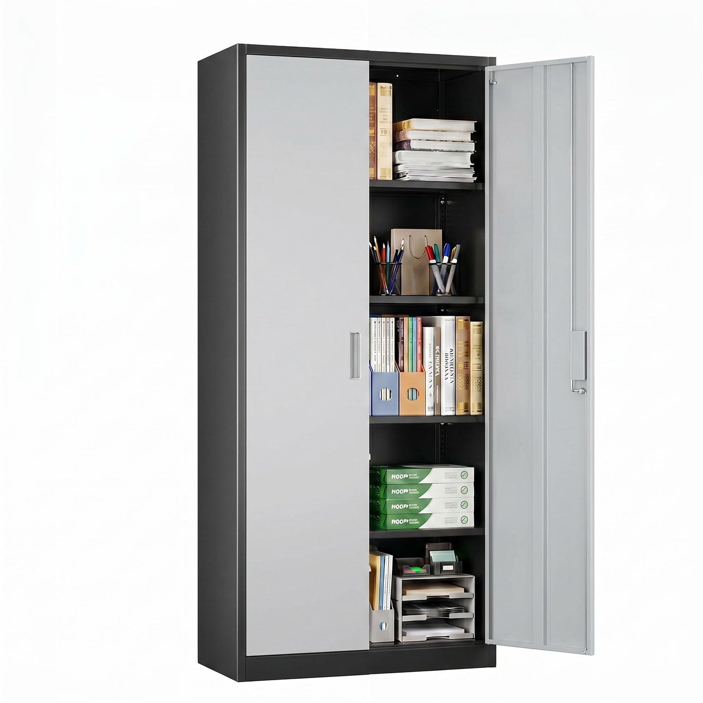 Lockable Steel Storage Cabinet with 4 Adjustable Shelves - Black & Gray