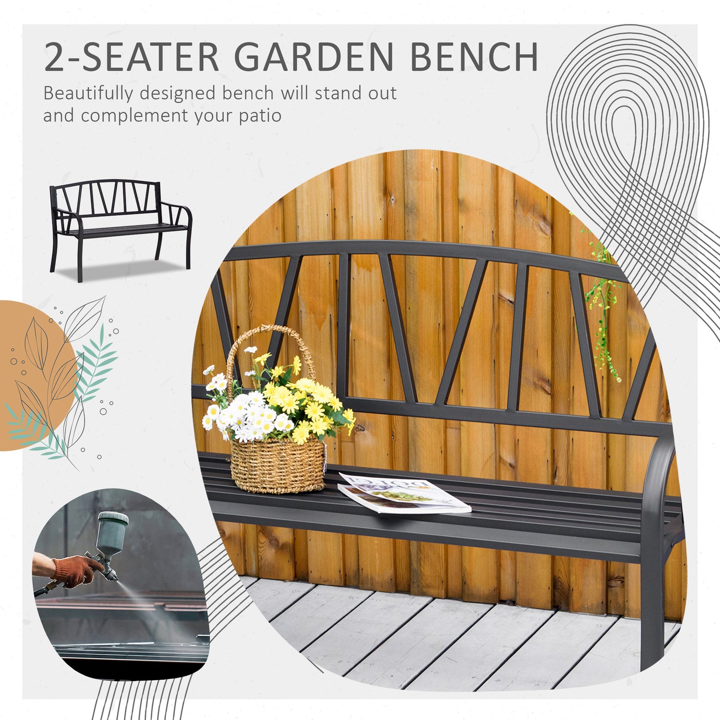50" Outdoor Metal Bench with V-Shaped Backrest - Black