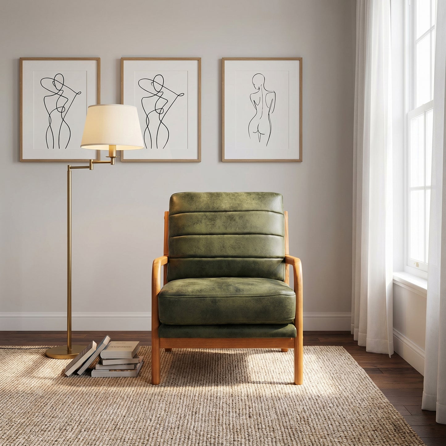 Mid-Century Modern Olive Green Fabric Armchair