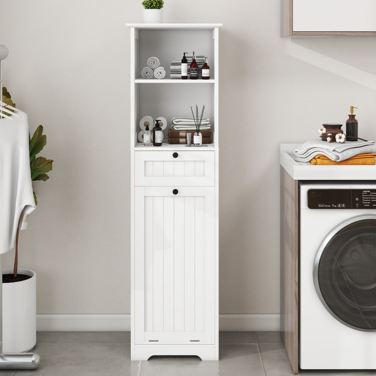 Tilt-Out Laundry Sorter Cabinet with One Drawer - White