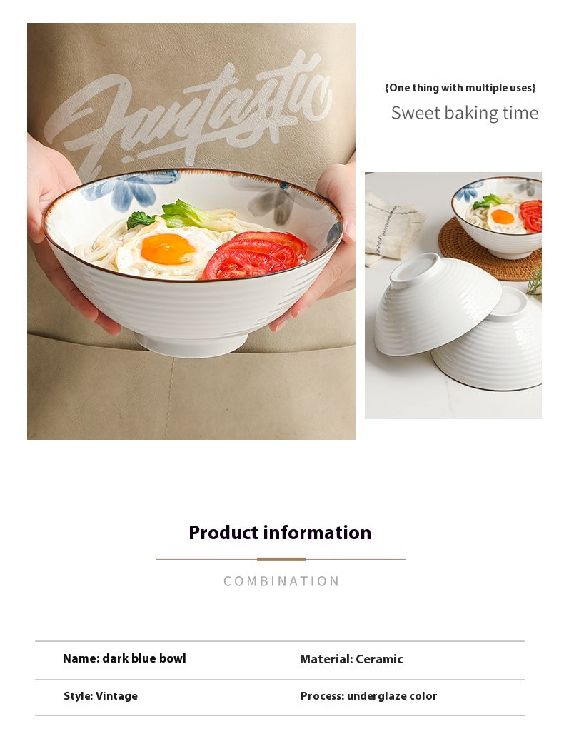 Japanese Style Rain-Hat Shaped Ceramic Ramen Bowl Set - Underglaze Blue