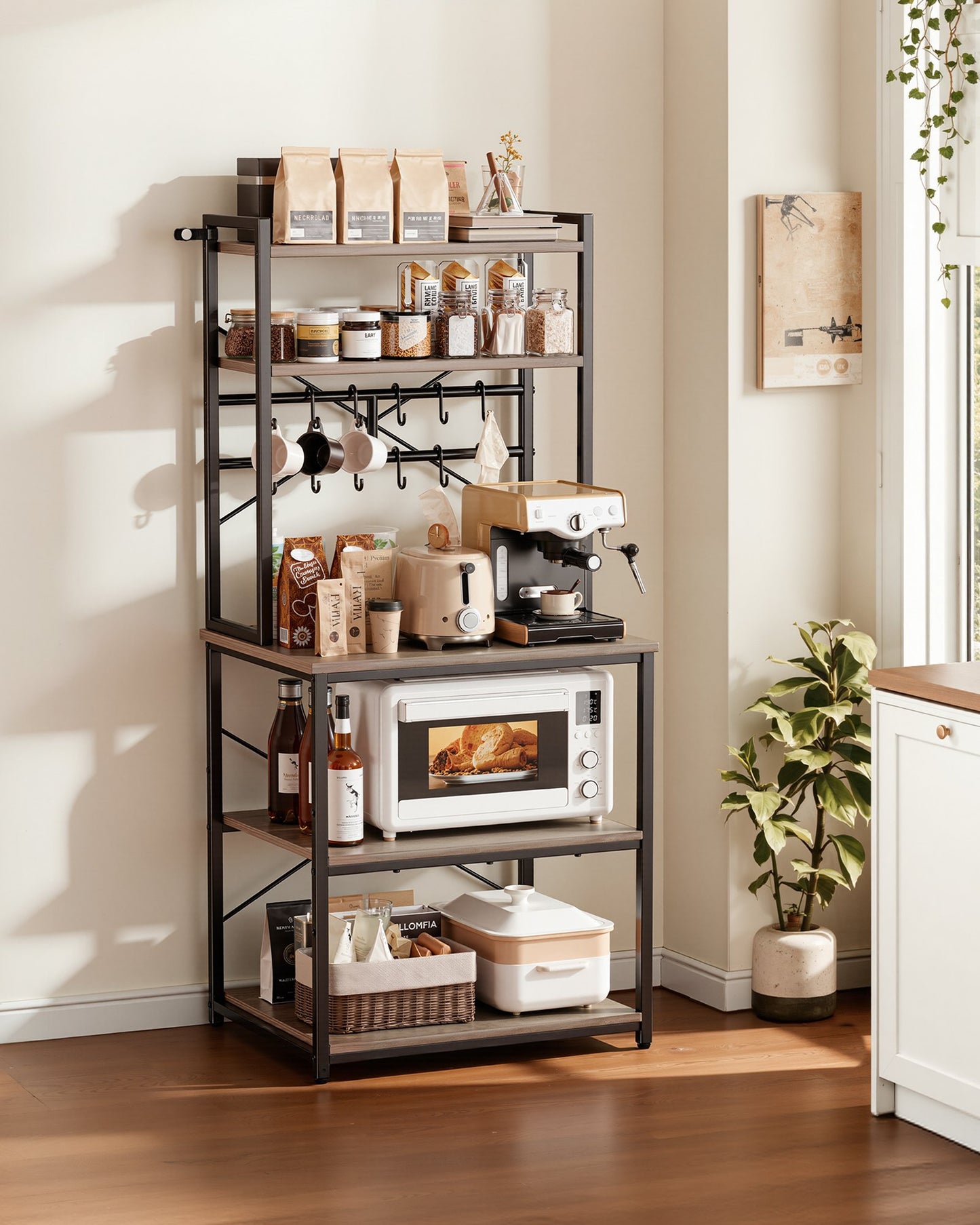 Kitchen Bakers Rack with X-Shaped Support and Hooks, 23.6 Inch Width, Black