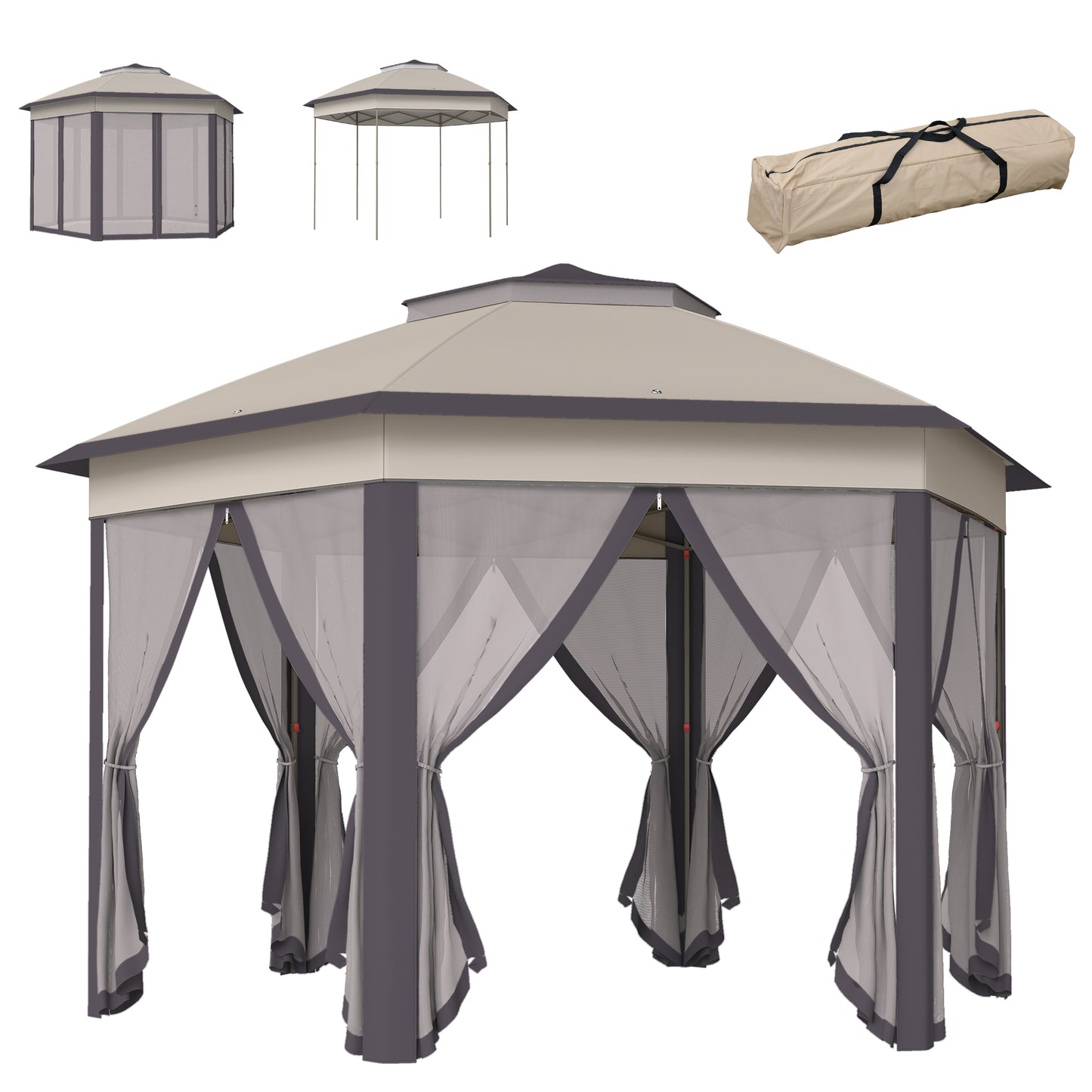 13' Hexagonal Pop Up Gazebo Canopy with Mesh Sidewalls - Coffee, Beige