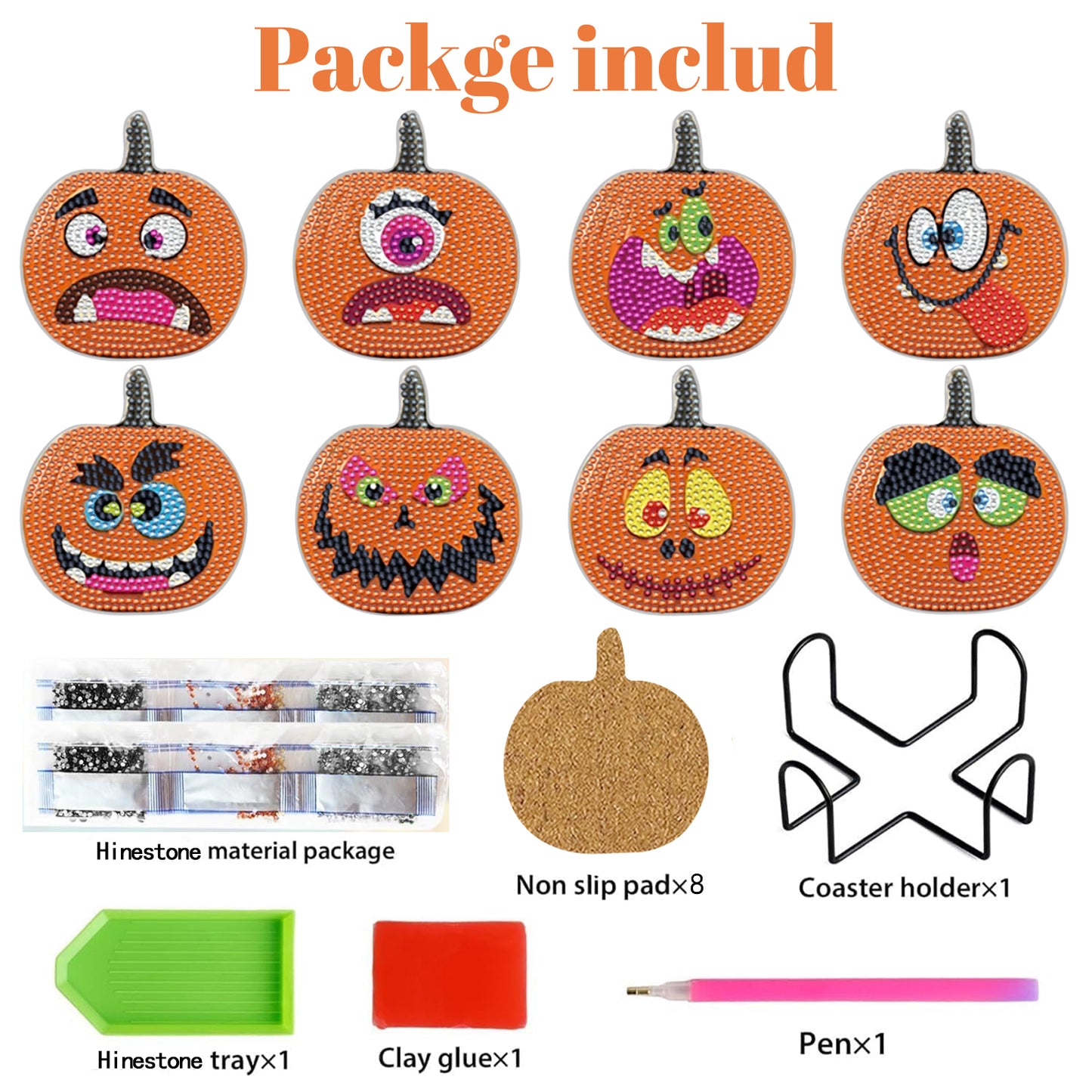 Halloween Pumpkin Rhinestone Coasters - 8 Pack