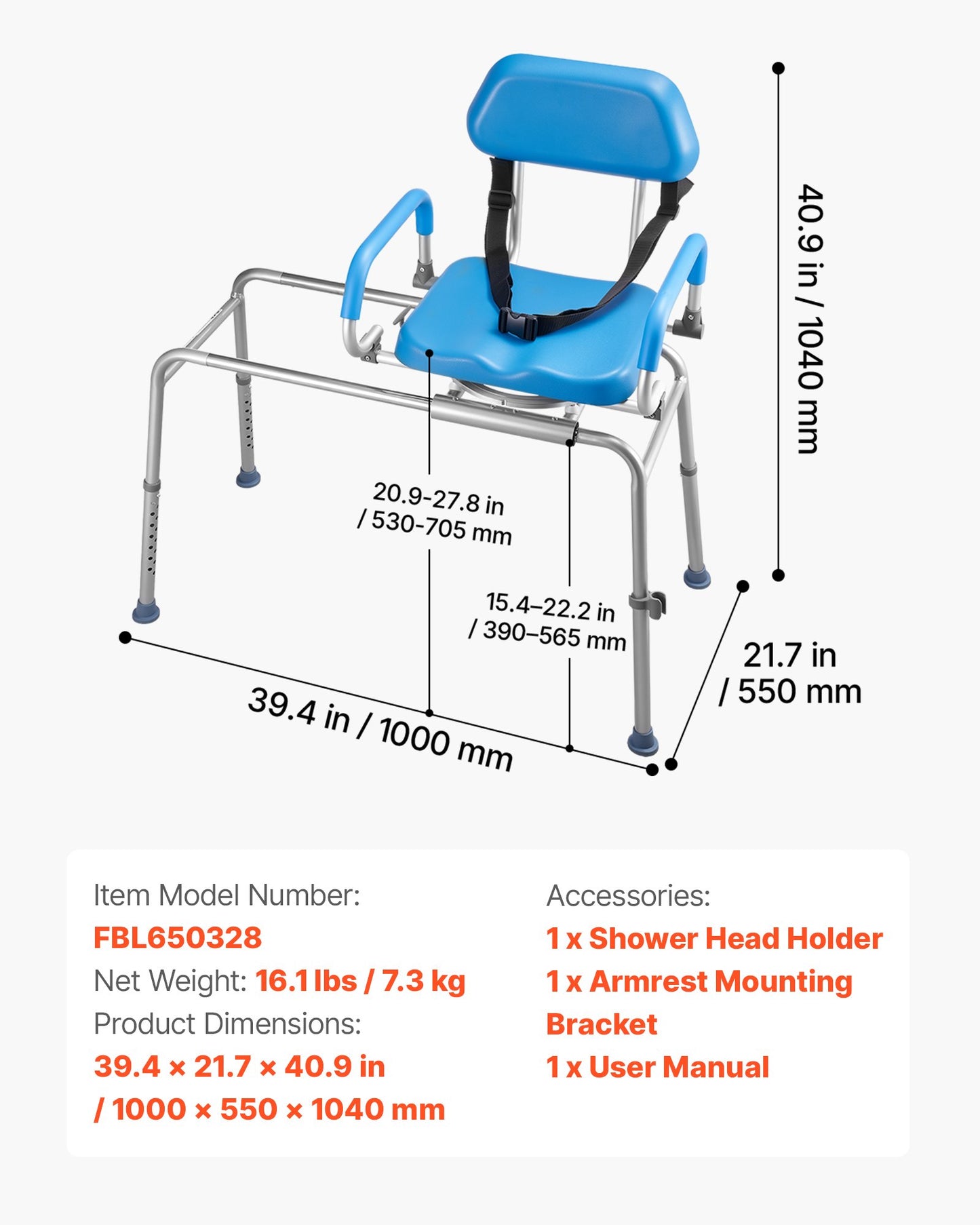 Heavy-Duty Sliding Shower Chair with Swivel Seat & Height Adjustment - Handicap & Elderly Support