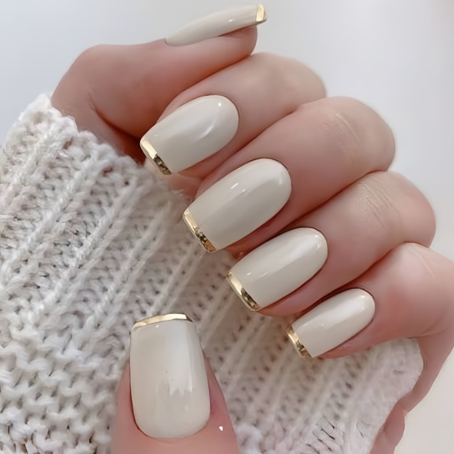 European Square Nail Art Patch White French Gold Edge - Medium Style