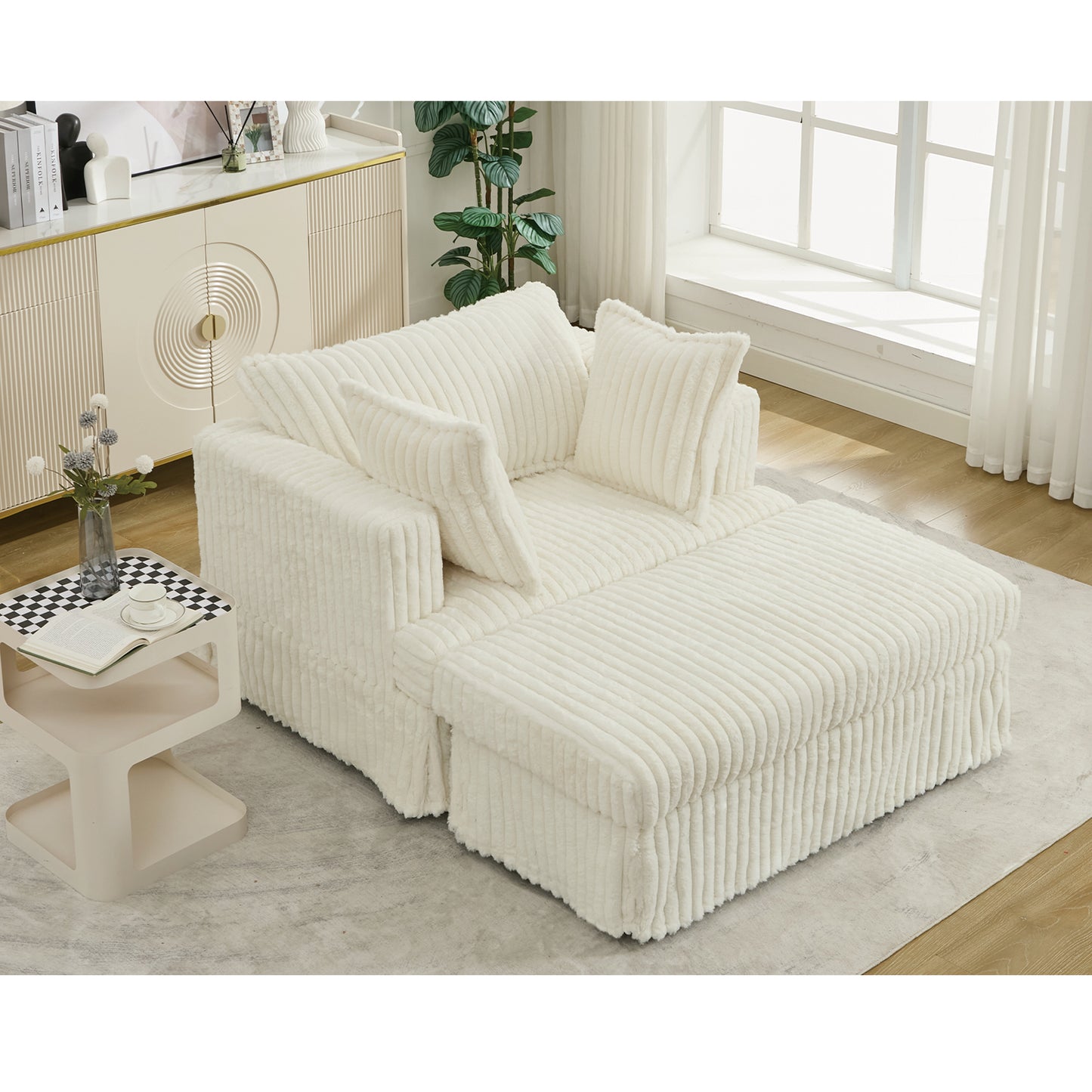 Oversized Corduroy Chaise Longue with Ottoman - Beige