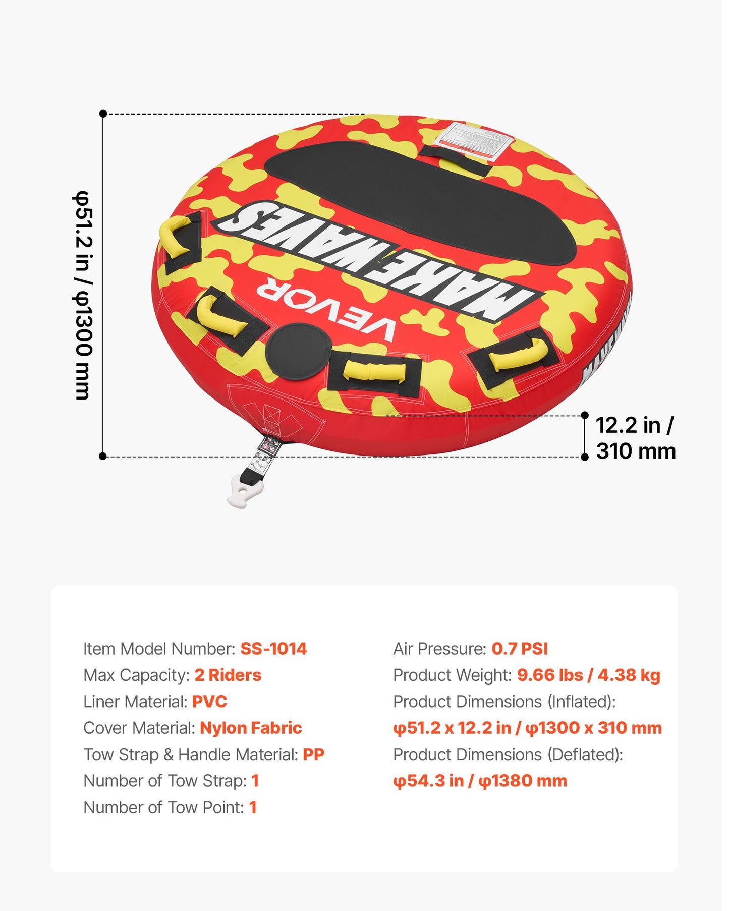 2-Person Inflatable Towable Tube for Boating - 340lb Capacity Water Sport Tube with Padded Handles & Anti-Slip Pad