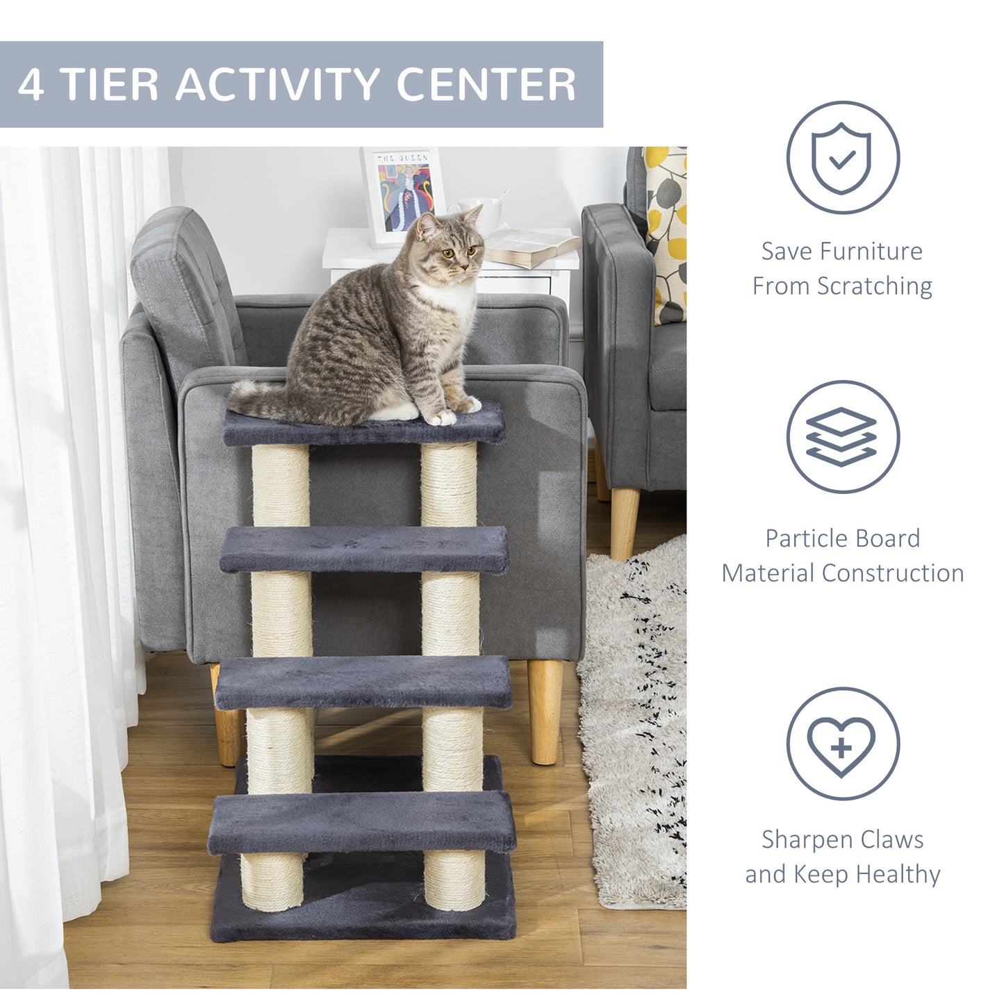 Cat Tree with 4 Steps and Sisal Scratching Post for High Beds - Gray