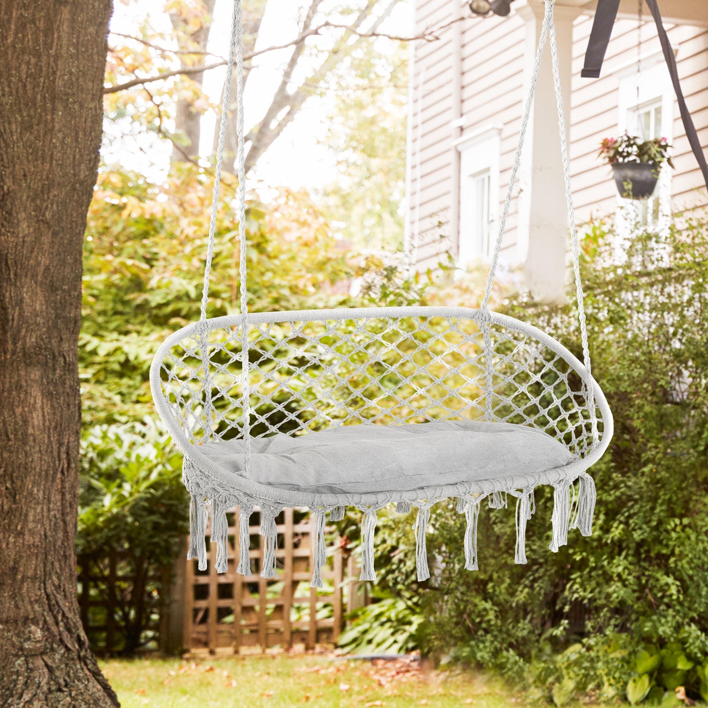 2-Person Macrame Hammock Chair with Cushion - Light Gray