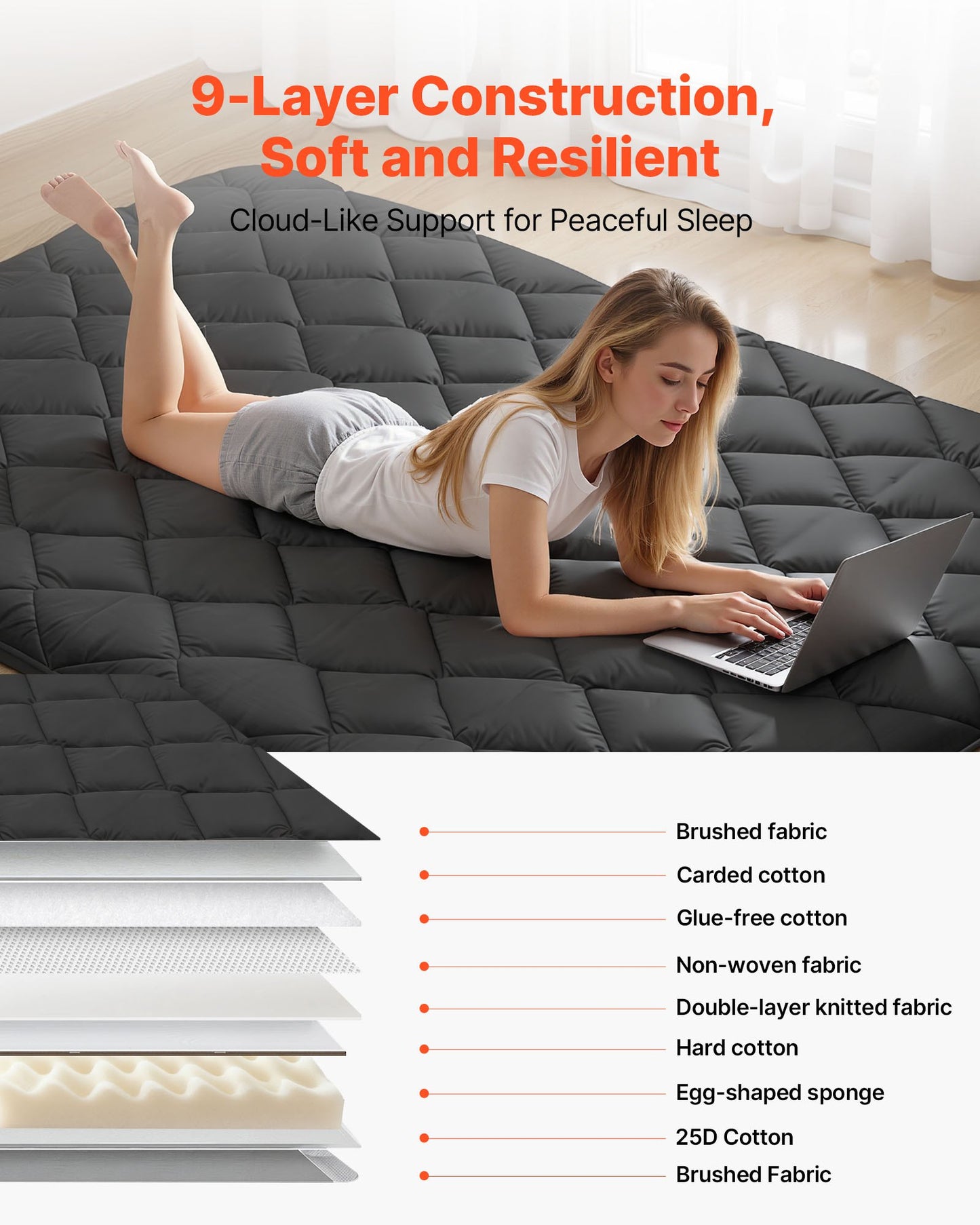 Foldable Japanese Tatami Mattress - 9-Layer Support Foam, Storage Bag, 80x54in