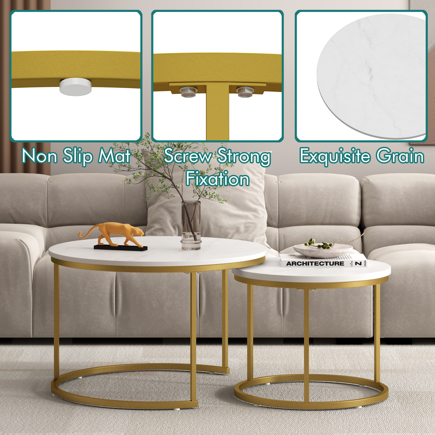 Nesting Coffee Table Set of 2 - Round Wood Marble Pattern - White+Gold