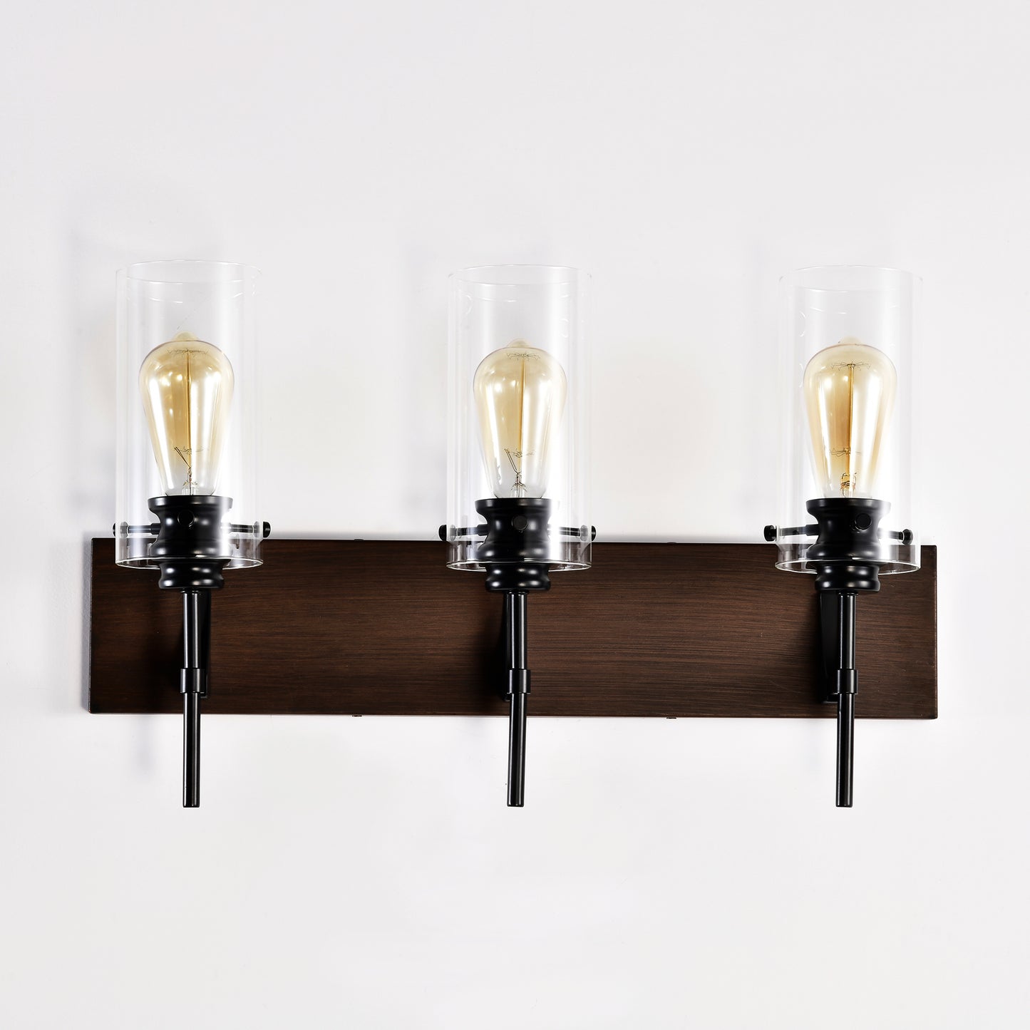 3-Light Matte Black Wood Bathroom Vanity Light with Glass Shades