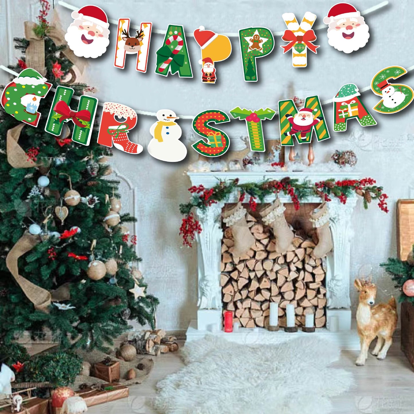 Christmas Hanging Flags Set - Snowman Reindeer Santa Claus Decor, 12 Pieces