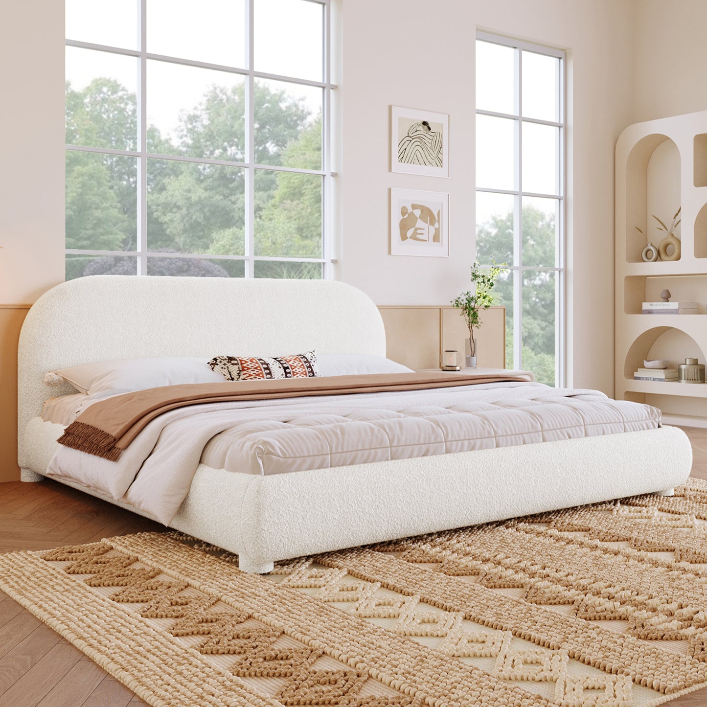 King Cream Fabric Upholstered Bed - Modern Double Bed