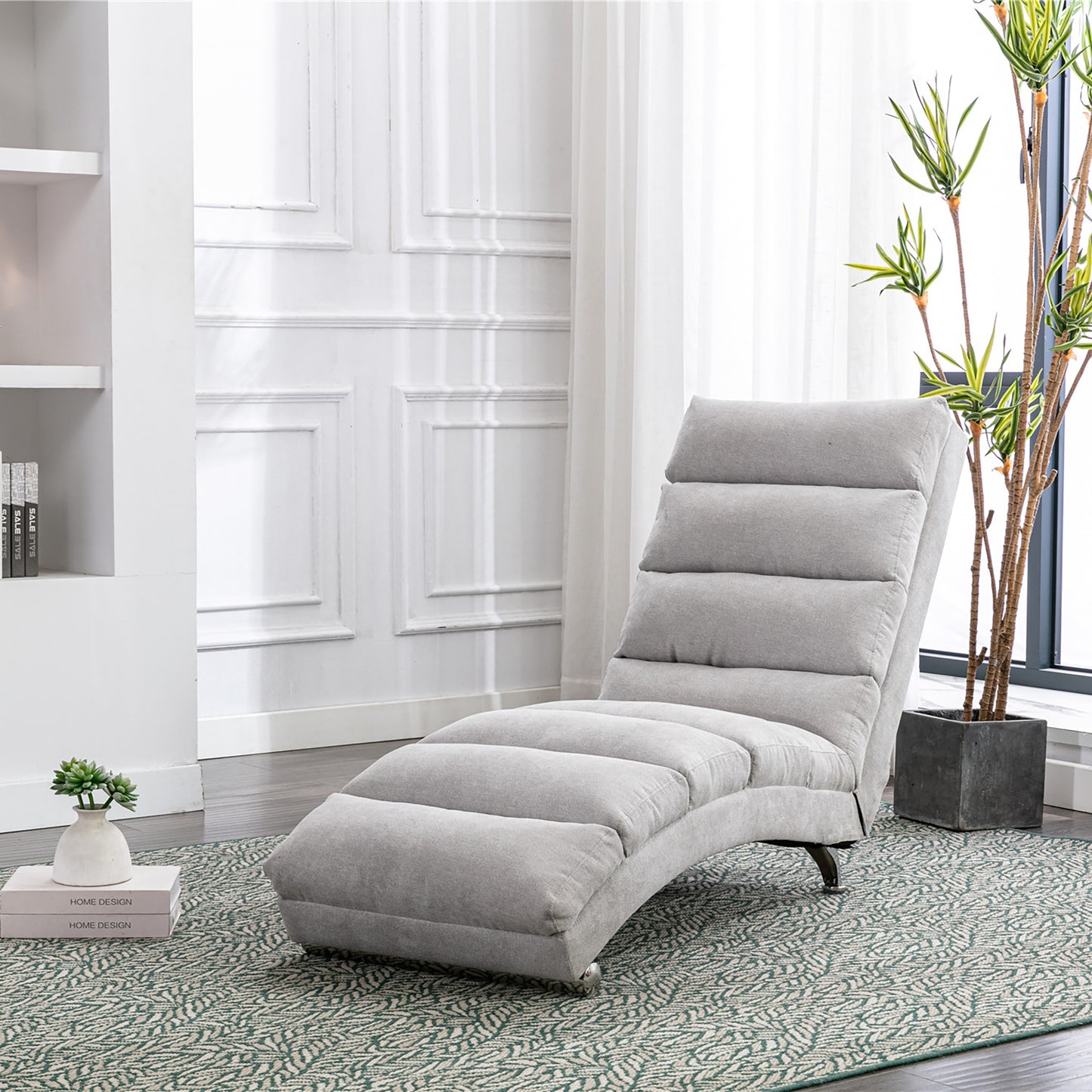 Luxury Upholstered Chaise Lounge Chair with Vibration - Light Grey
