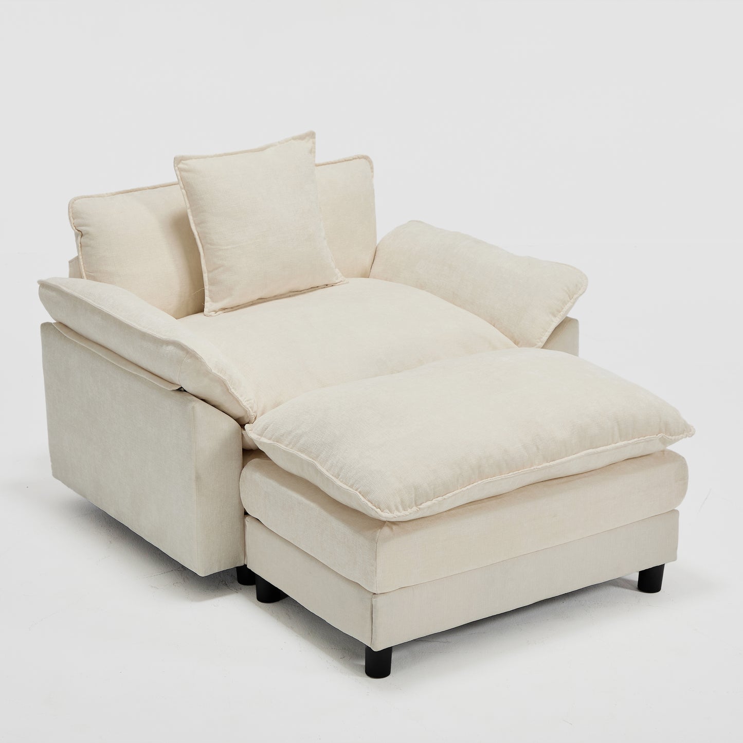 Modern Chenille Accent Chair with Ottoman - Beige Upholstered Armchair