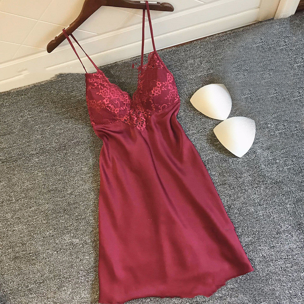 Women's Satin Lingerie Pajamas Set with Chest Pad - Elastic Home Sleepwear