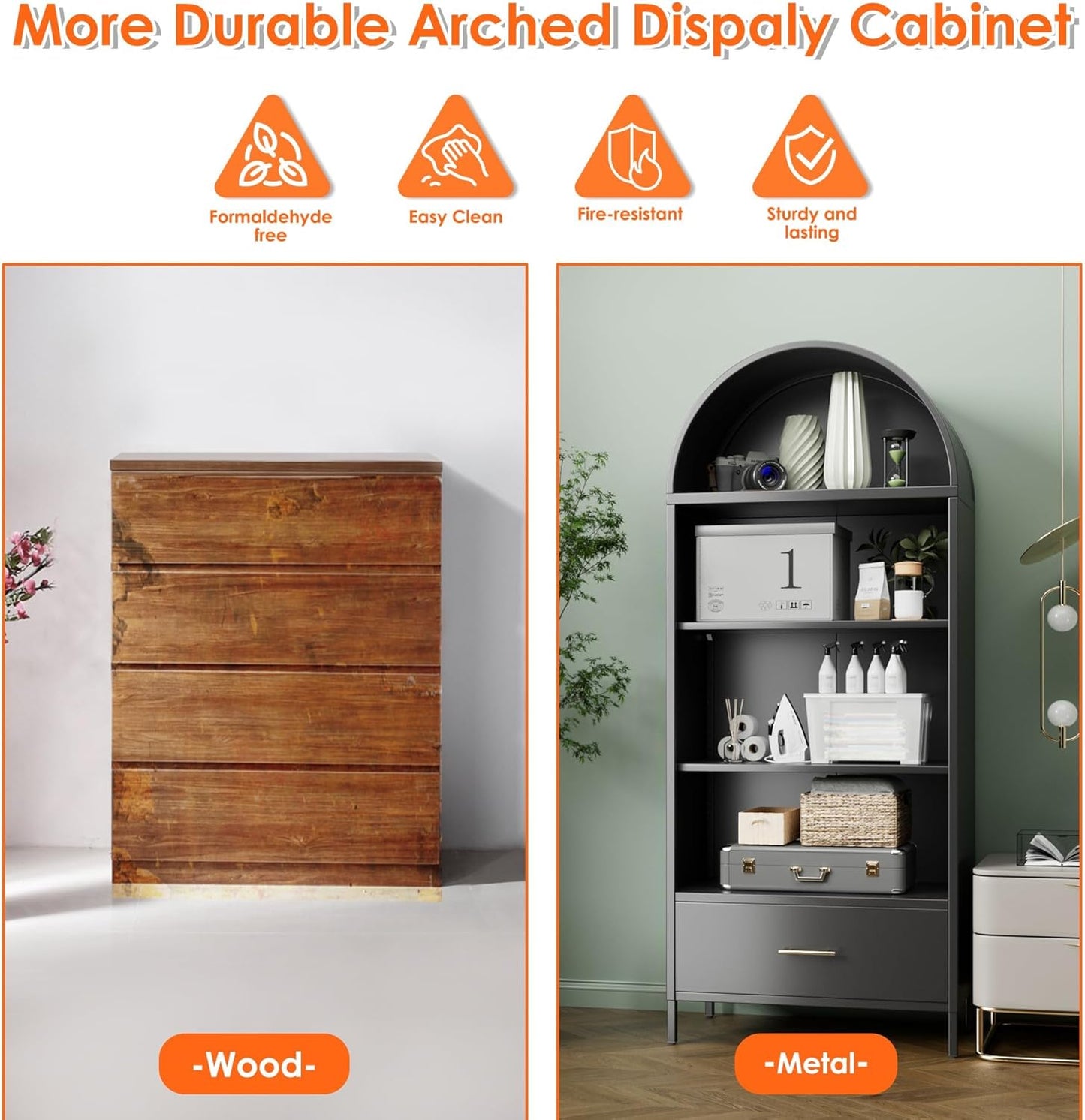 Metal Arched Bookshelf Cabinet with Drawer - Black Kitchen Storage