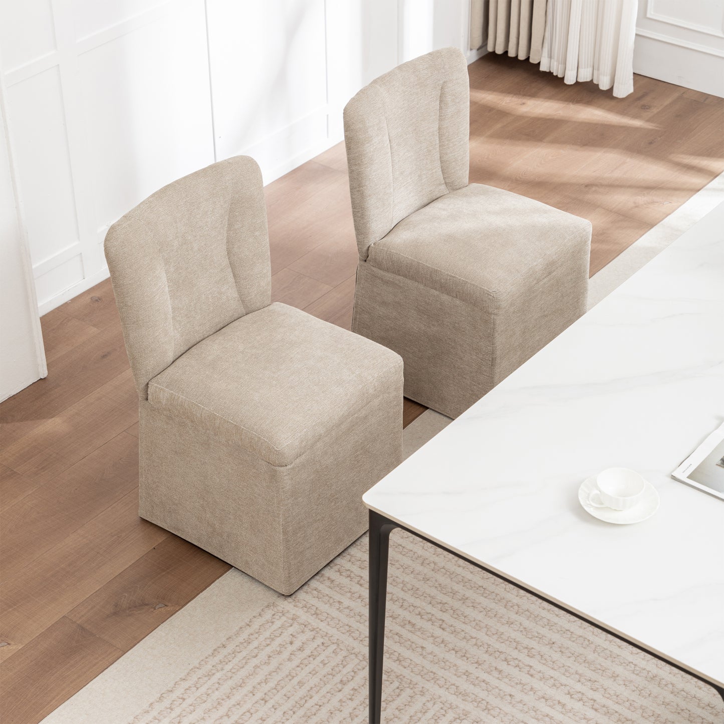 Modern Linen Dining Chairs with Padded Seat - Set of 2 (Brown)