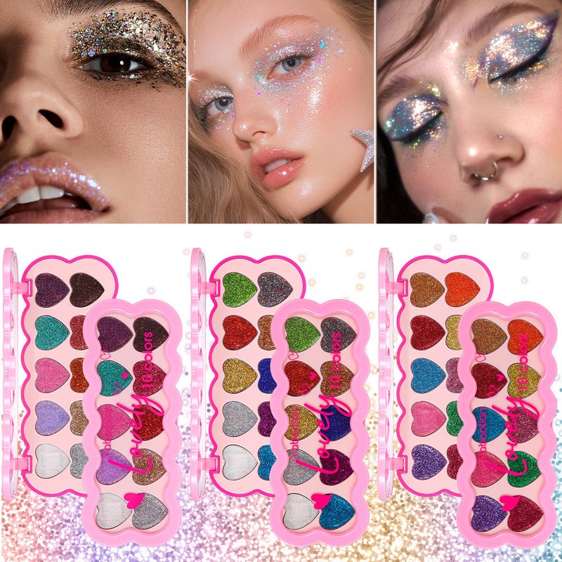 Pearlescent Heart Sequins Eye Shadow Palette – 10 Color Classifications