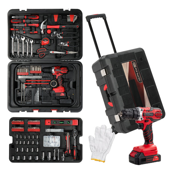 599-Piece Power Tool Set with 21V Cordless Drill and Rolling Toolbox
