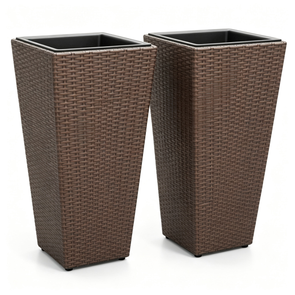 Set of 2 Rattan Planters with Removable Inner Pots & Adjustable Metal Frames - Brown Garden Decor