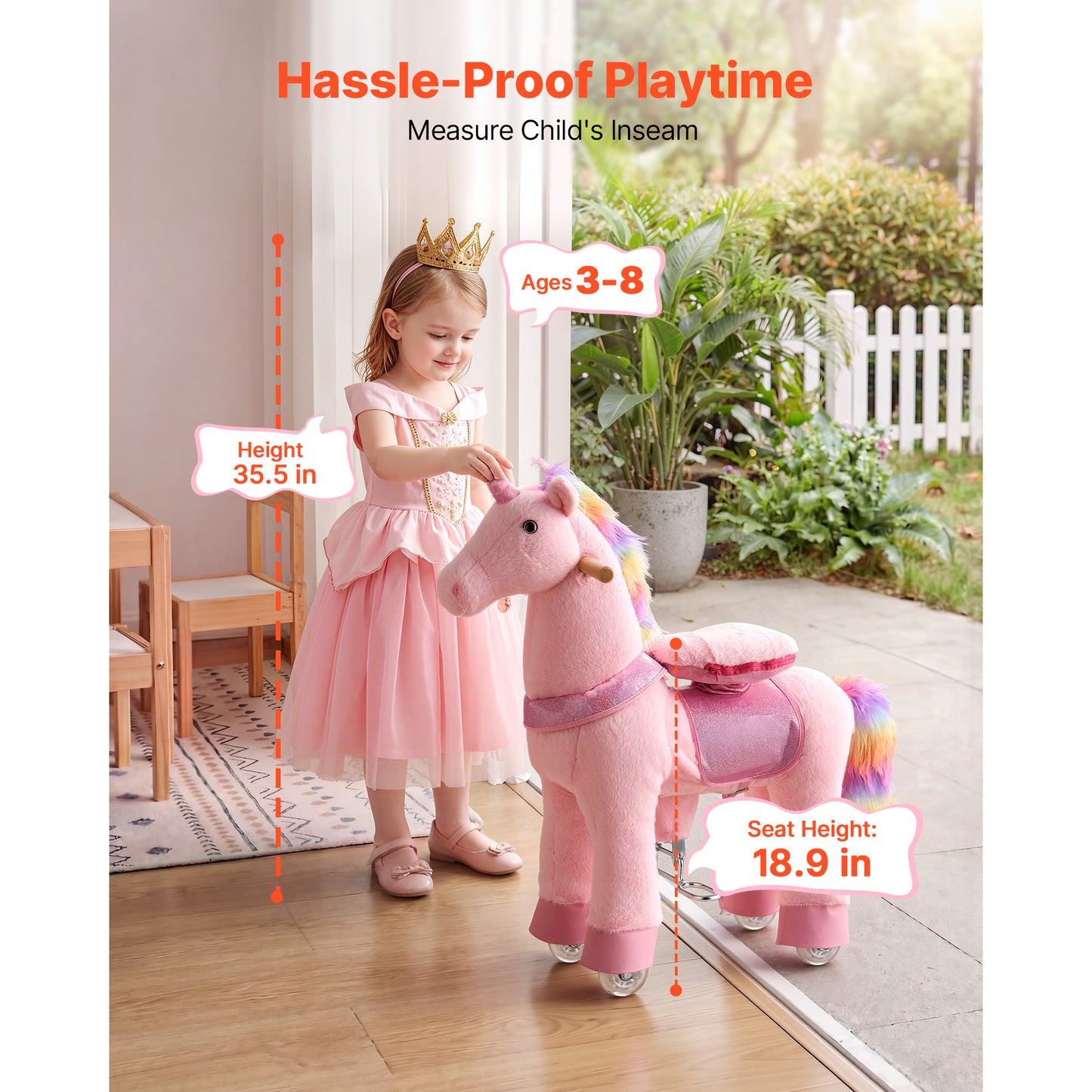 Kids Ride-On Horse Toy with Pink Unicorn Design - No Battery Needed, Smooth Wheels, Upgraded Seat & Handles, 3-8 Years