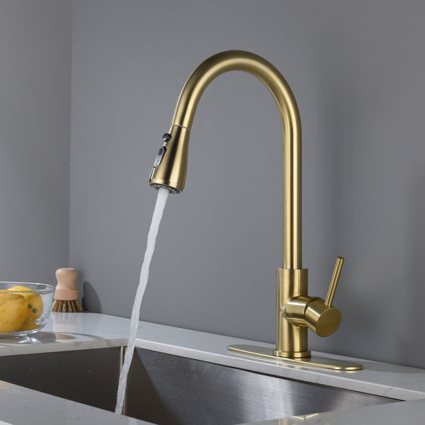 Brushed Gold Kitchen Faucet - High Arc Pull Down Sprayer