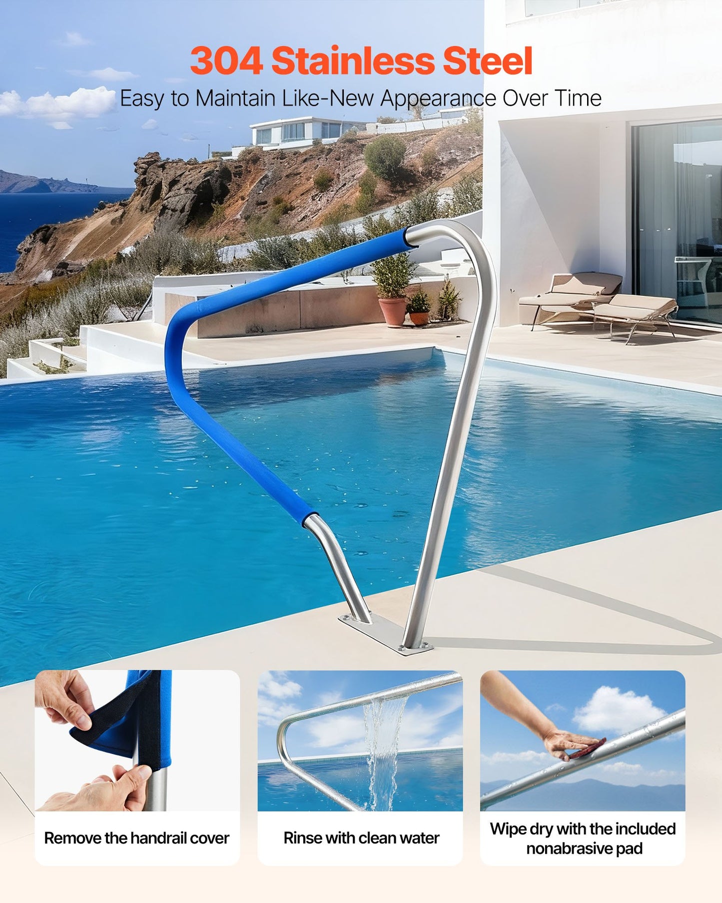Heavy Duty Stainless Steel Pool Handrail 48x36 Inch Support for Poolside & Spa