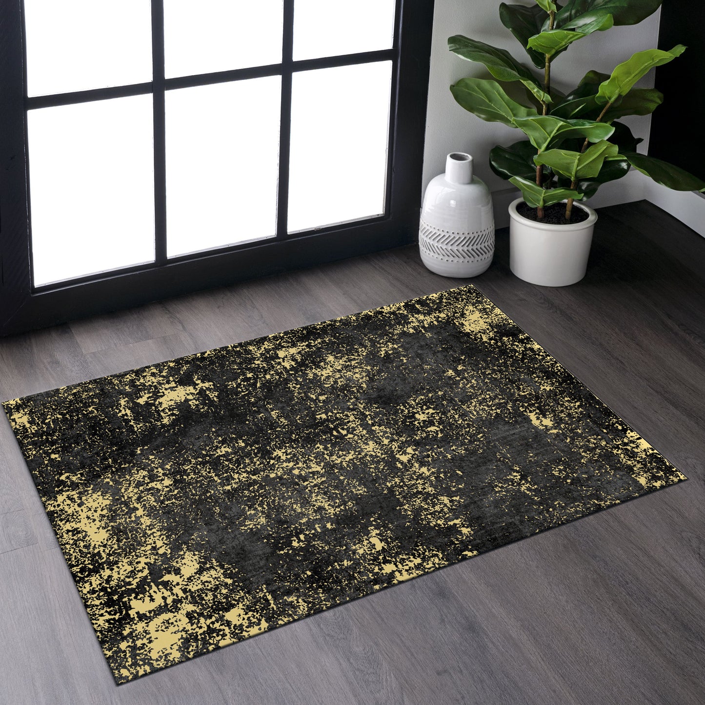 MAVAL Black Washable Rug 2' X 3' Doormat Gold,