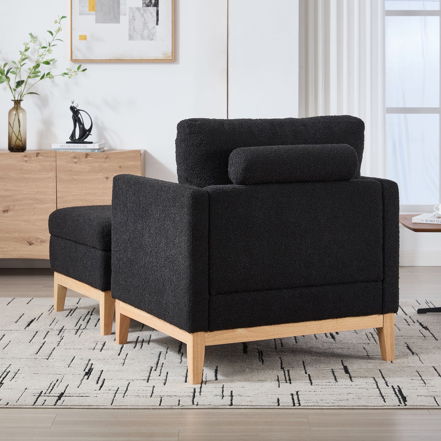 Farmhouse Upholstered Accent Arm Chair with Ottoman - Black Boucle