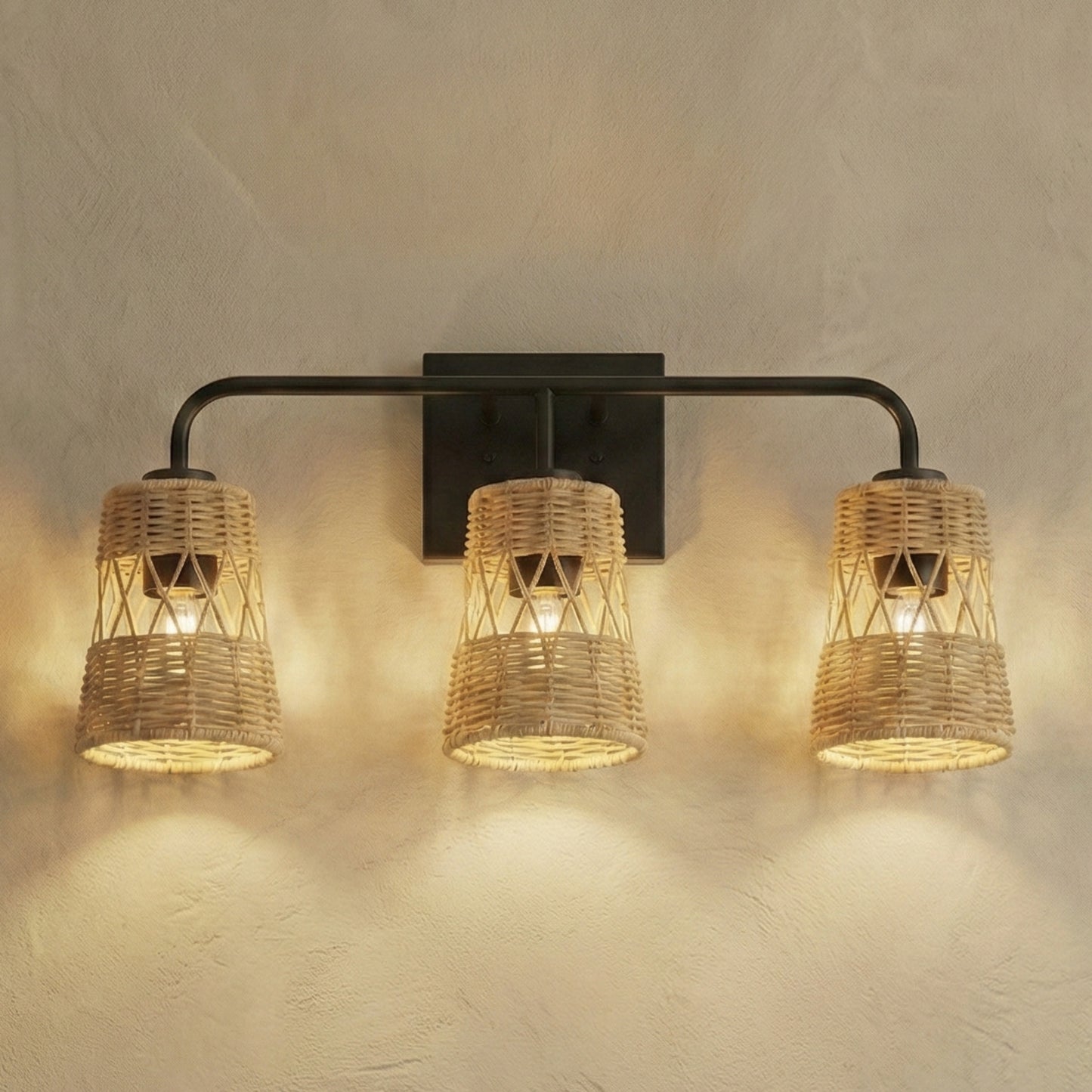 Moonlit Three Lights Wall Sconce With Rattan Shade, Bathroom Lighting