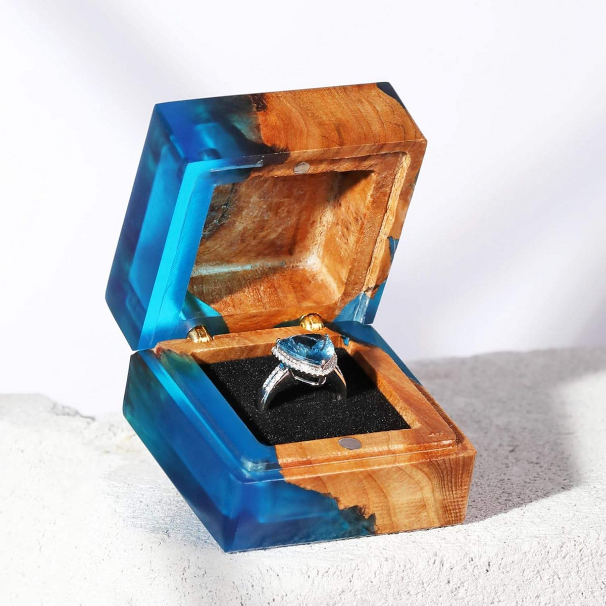 Wood Resin Ring Box - Blue Jewelry Storage Container for Engagement & Gift