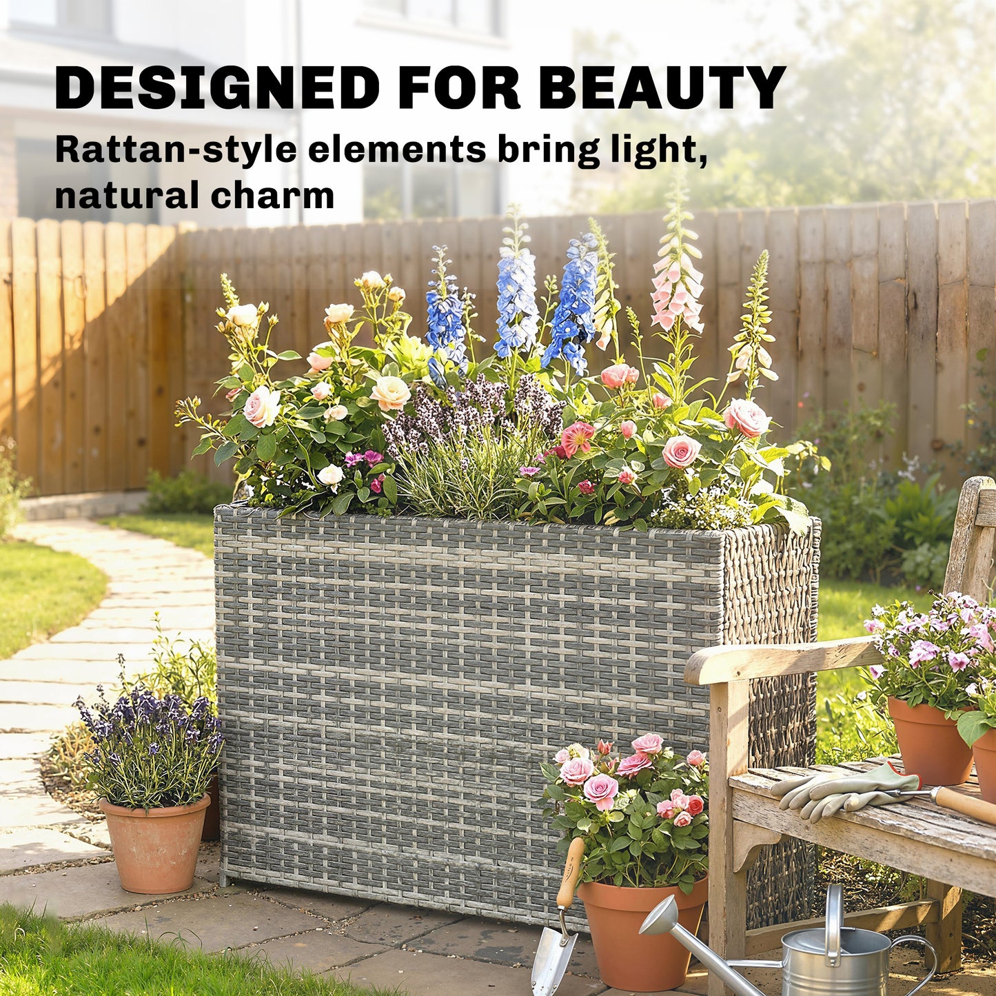 Large Rectangular Outdoor Plant Pot with Removable Liner and Drainage Holes - Gray, 830x110x600 mm