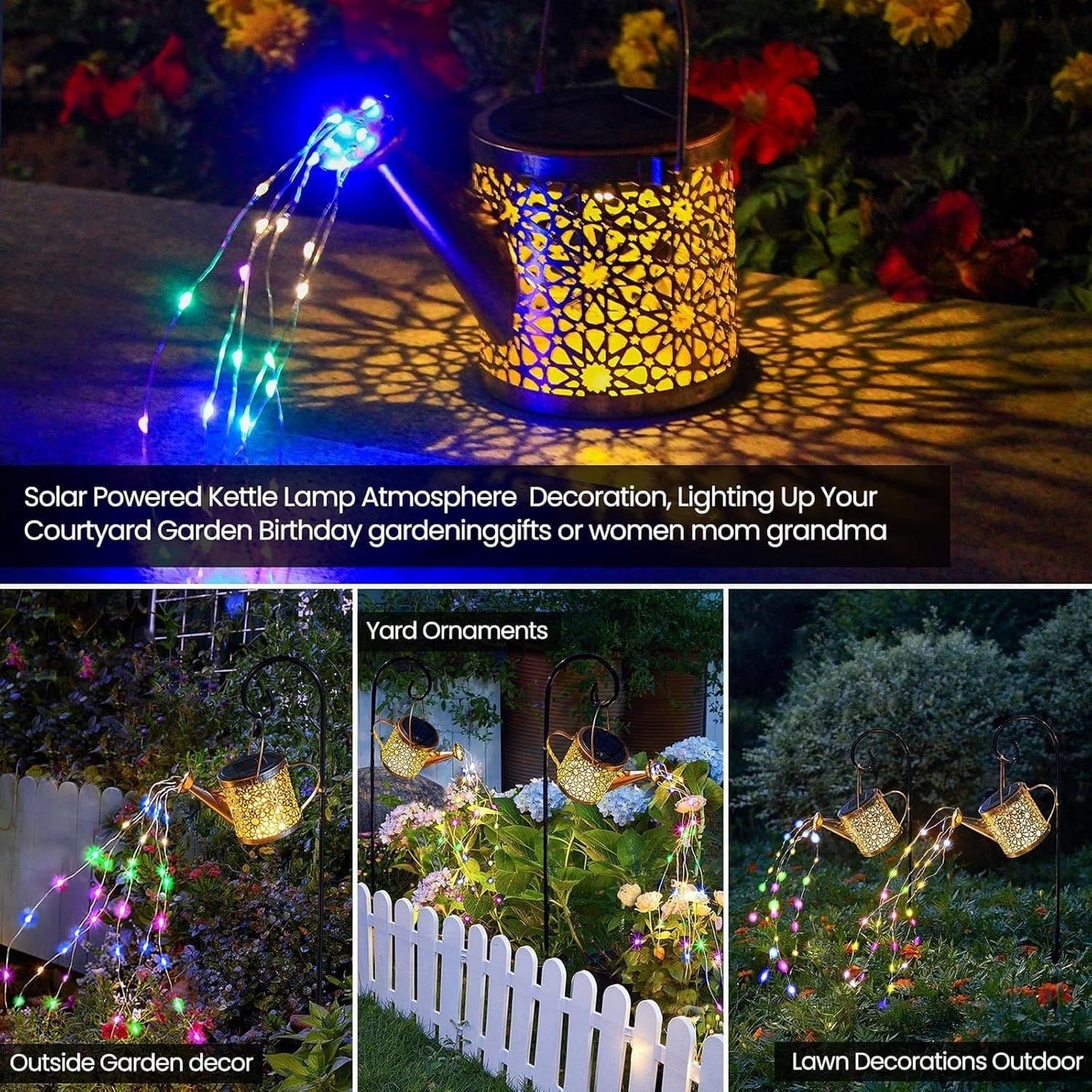 Outdoor Solar Watering Can Lantern String Lights Garden Decor Waterproof Metal Kettle