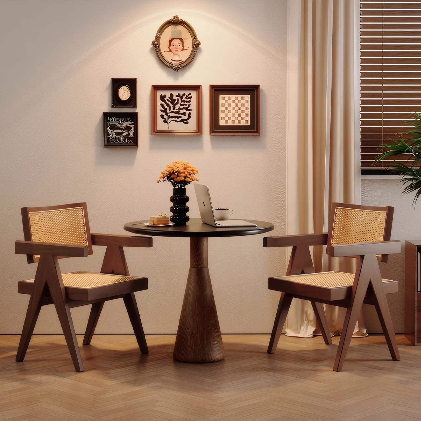 Mid Century Modern Dining Chairs Set of 2 - Brown Rattan Accent Armchairs