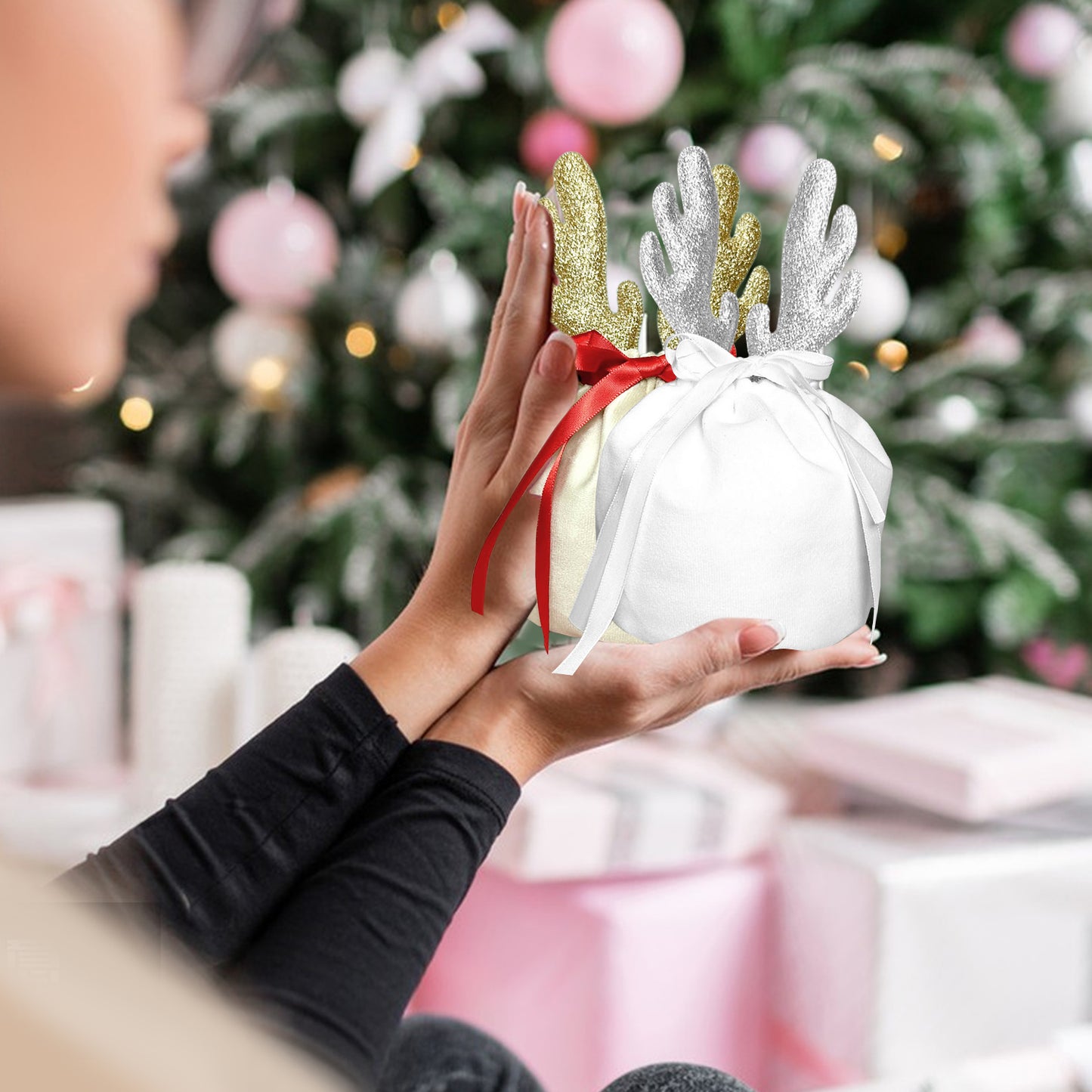 5-Piece Christmas Antler Gift Bag Set - Khaki & White