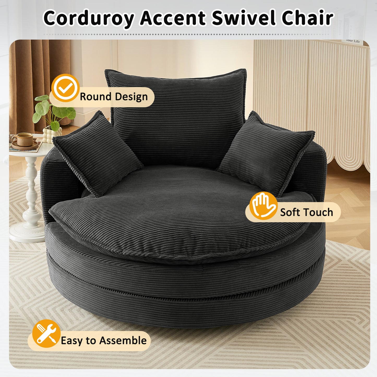 Oversized 360° Swivel Chair with Dual-Layer Cushions - Black