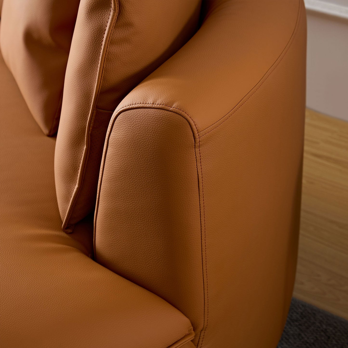 Curved 5-Seat Sofa Couch in Orange Eco-Leather for Living Room