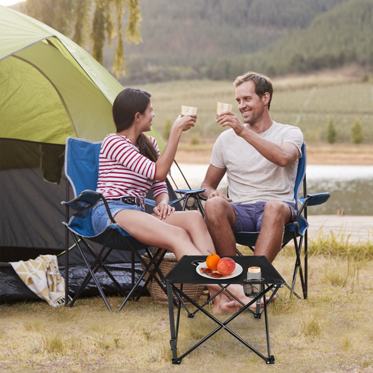 Portable Folding Camping Table with Cup Holders - Multiple Colors & Sets
