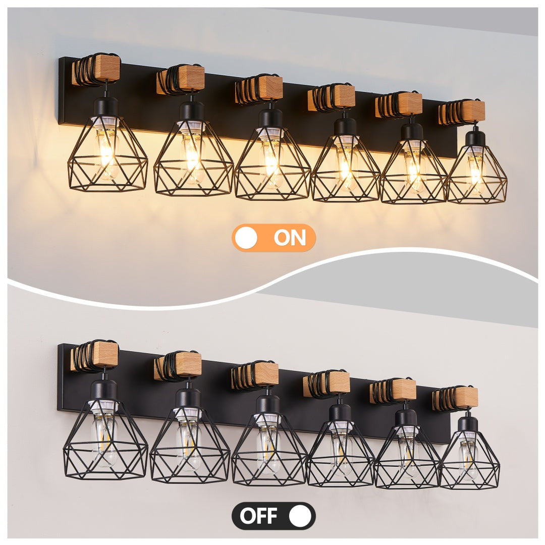 Modern 6-Light Vanity Light Fixture - Black Metal & Wood Accents